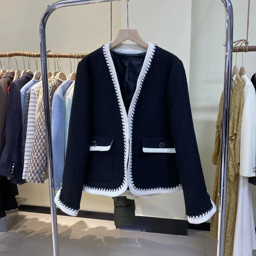 韩国复古名媛粗花呢小香风V领撞色简约短外套开衫式百搭短款上衣