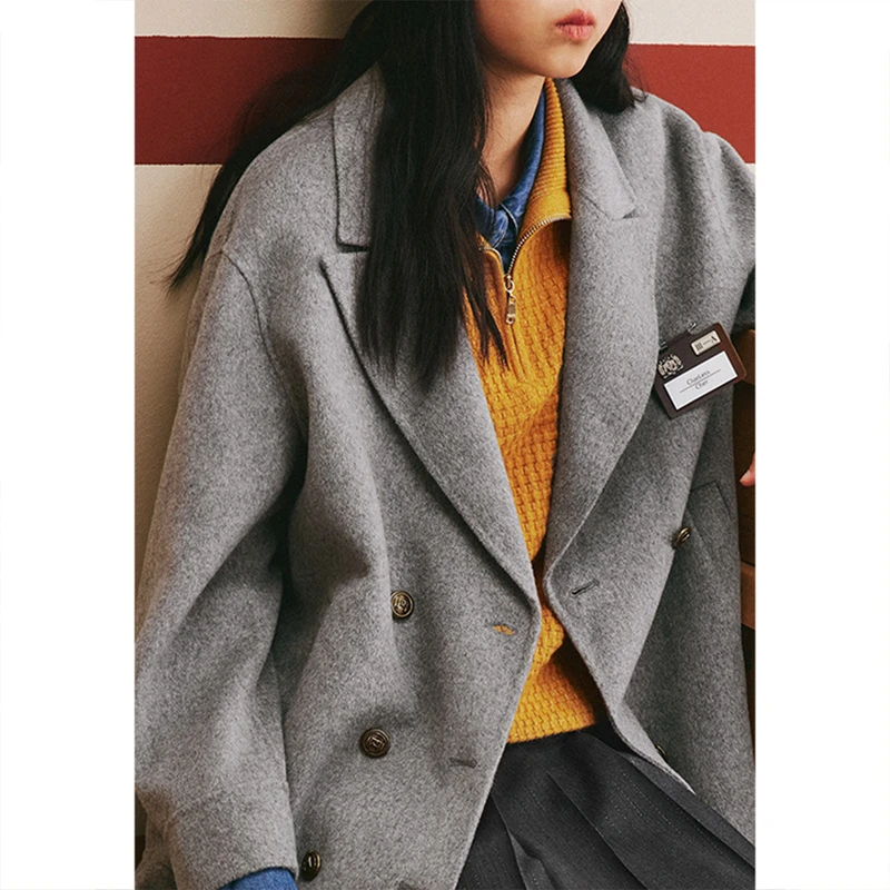 PSALTER/诗篇英伦风女冬季学院风双排扣双面呢毛呢外套6C33580030
