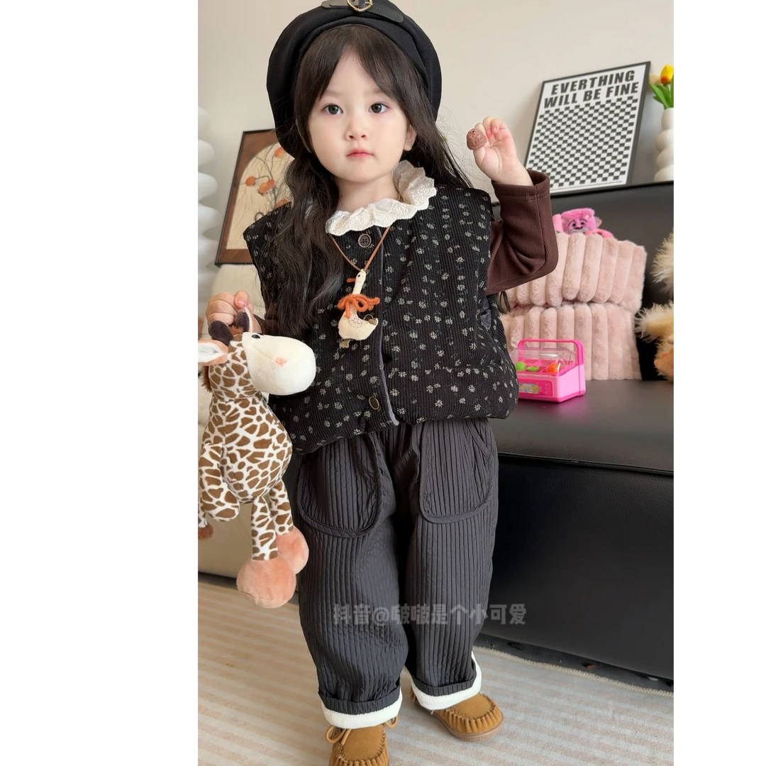 女童冬季加绒三件套洋气女宝森林系休闲套装法式打底衫+马甲+棉裤