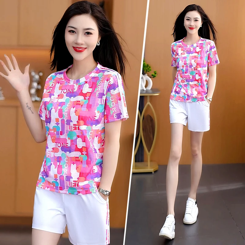 冰丝短袖短裤运动套装女夏季新款气质圆领宽松跑步服两件套上衣薄
