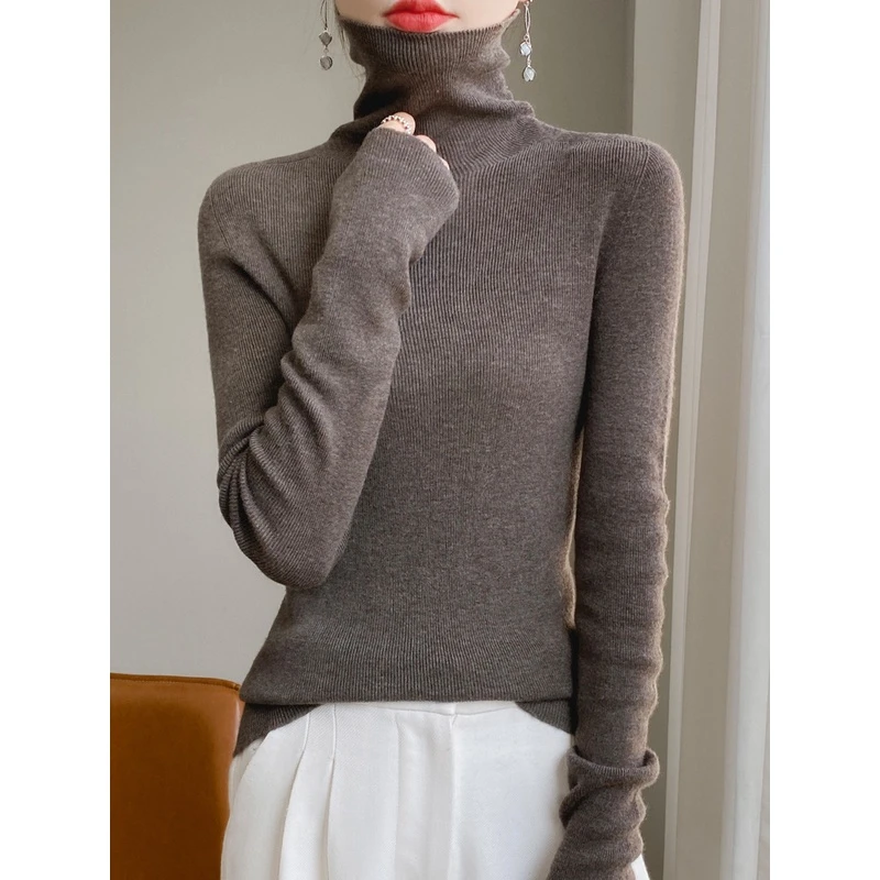 洋气无缝一体网红打底衫高领修身毛衣女 堆堆领紧身内搭