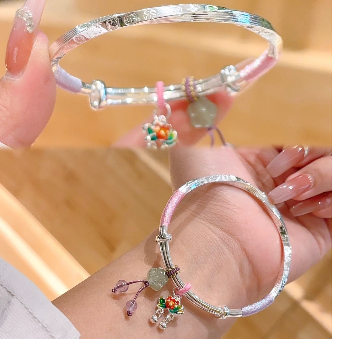 足银手镯 繁花提溜手镯美开乐莫比乌斯吉言百搭蝴蝶国风纯银手镯