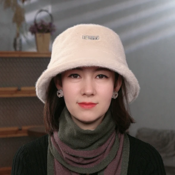 秋冬季毛绒保暖渔夫帽子女新款时尚缝标显脸小水桶帽纯色圆顶盆帽