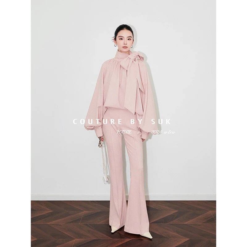 SUK【珠光宝气】飘带蝴蝶结上衣套装复古高腰喇叭裤两件套女SK4525