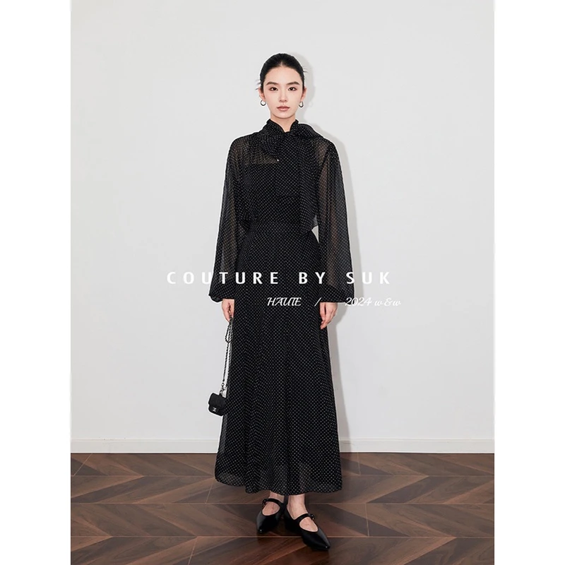 SUK【波点印象】人丝复古90s圆点蝴蝶结飘带衬衫+高腰半身裙SK4534