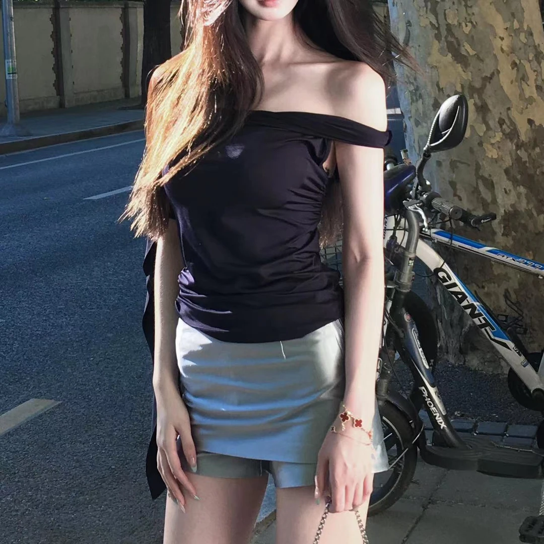 【徐徐啊】美式辣妹夏季金属蓝醋酸短裤裙显瘦气质高腰性感修身