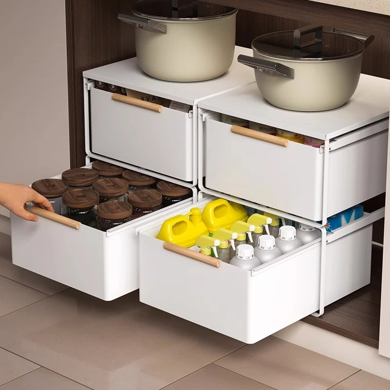 下水槽置物架抽拉式双层厨房深柜分层收纳盒锅架滑轨橱柜拉篮抽屉