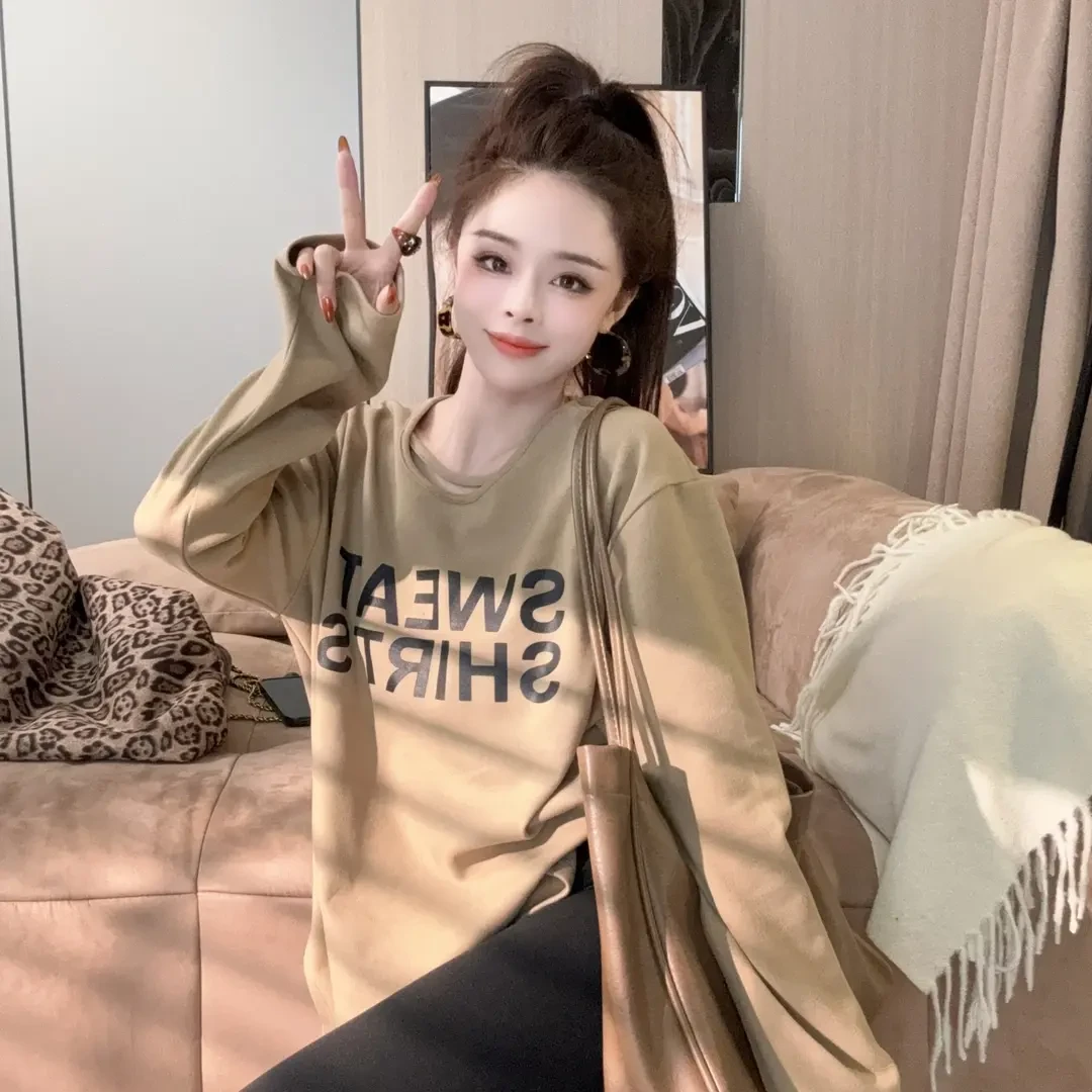 中长款打底衫女秋冬磨毛宽松内搭设计感开叉t恤女