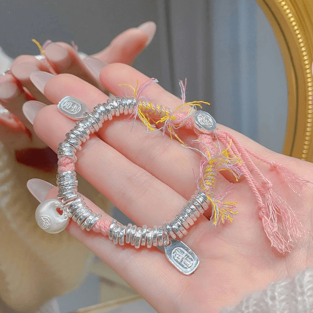 足银手链 粉盘缠手链 手工编织民族风简约闺蜜气质