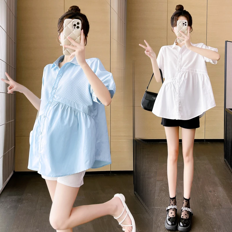 2024新款小个子孕妇洋气韩版泡泡格拼接宽松薄款遮肚娃娃衫上衣