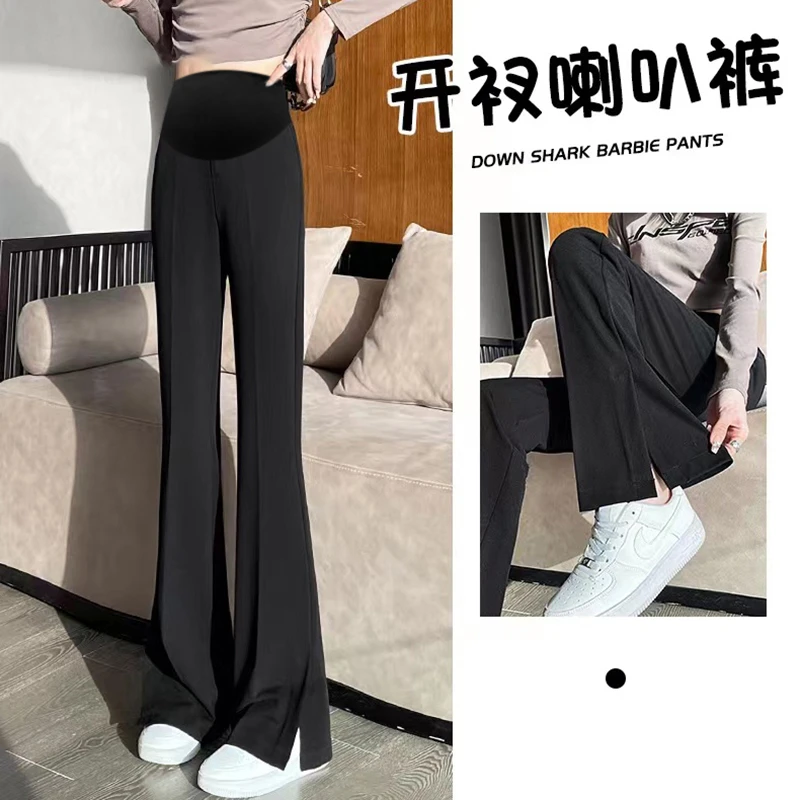 春秋新款侧边开叉袋高弹力孕妇西装裤休闲裤修身显瘦开衩喇叭裤