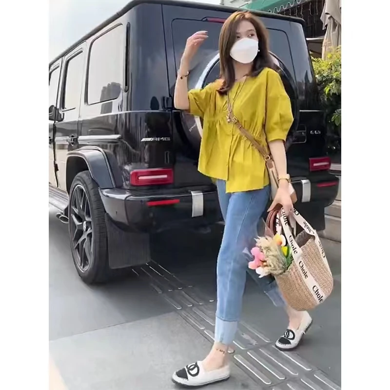 孕妇夏装外出时尚款夏季遮肚短袖娃娃衫上衣宽松衬衣