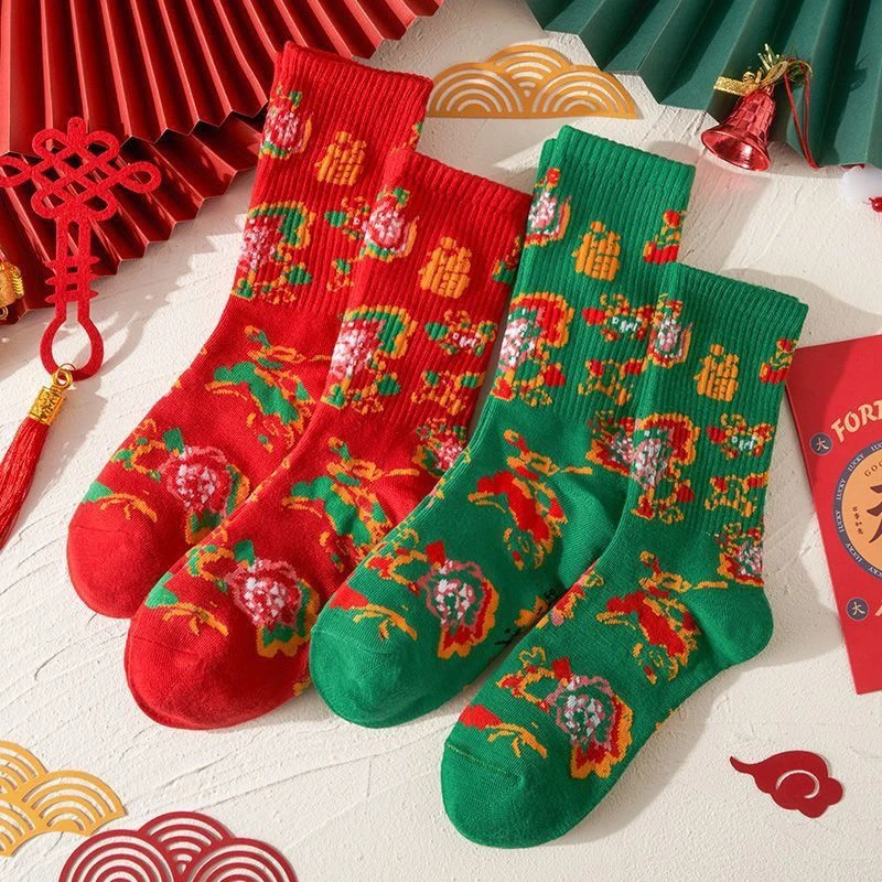 东北大花红袜子女秋冬本命年秋冬季怀旧个性中国红色中筒袜新年袜