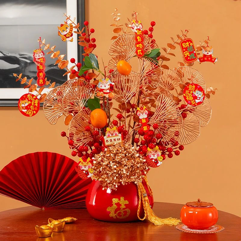 年宵花福桶摆件插花仿真花装饰品发财果假花乔迁过年花艺柜台摆设