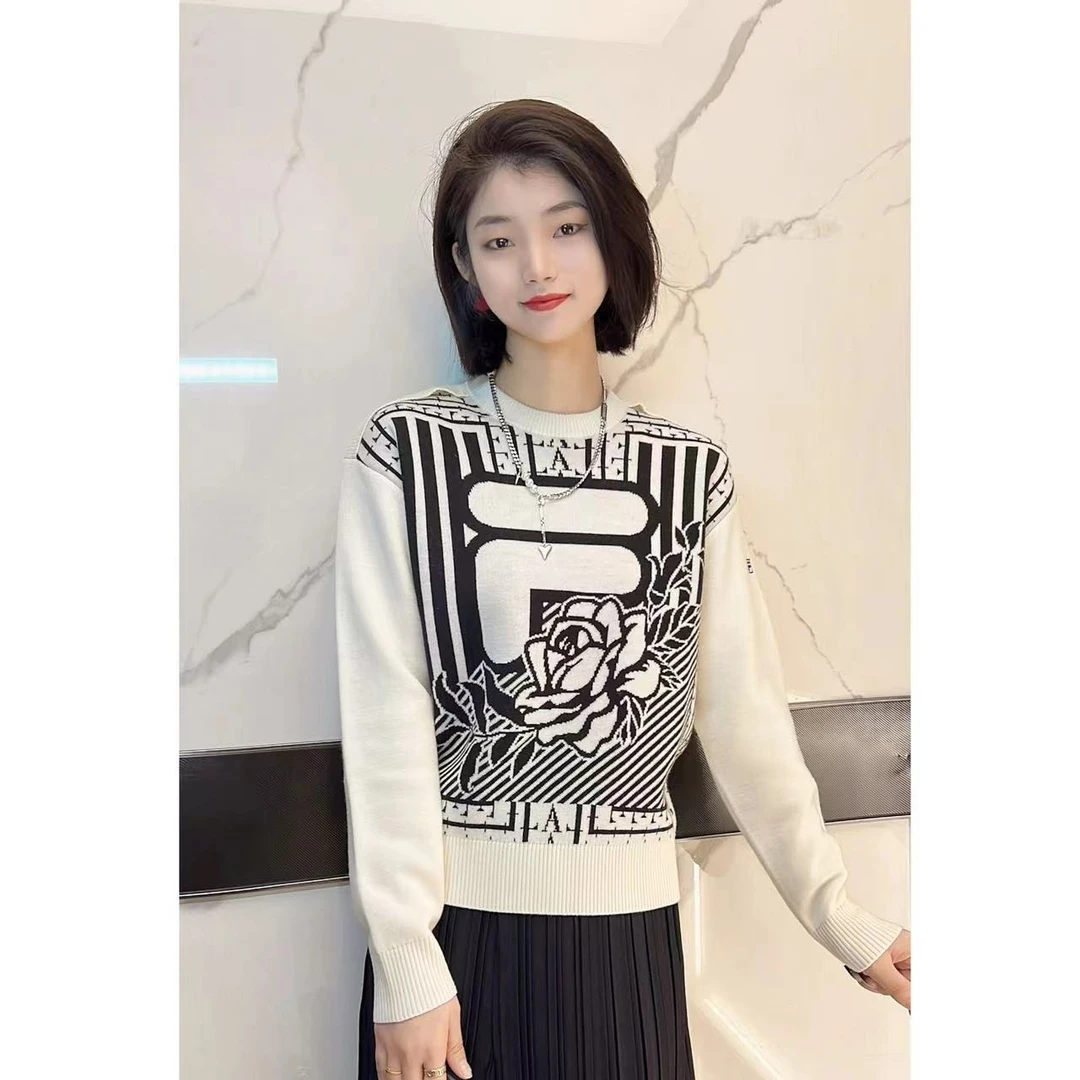 FILA/斐乐针织衫【绵羊毛】女子秋冬休闲满印提花圆领F11W318402F