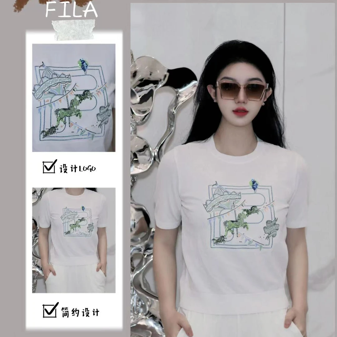 FILA斐乐女装女子时尚百搭休闲简约宽松短袖夏编织衫F11W438401F