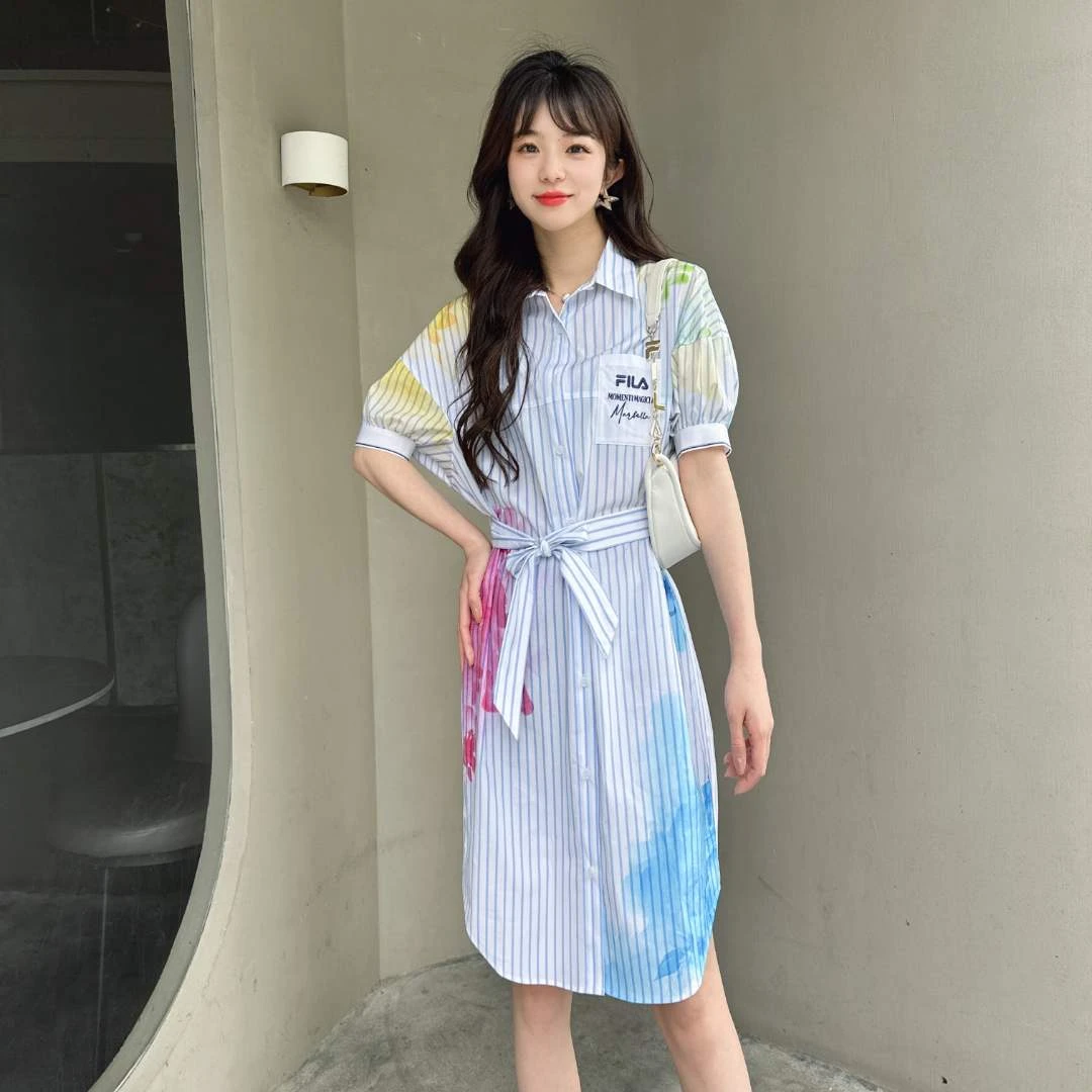 FILA斐乐女连衣裙【配腰带】宽松遮肉彩印短袖衬衫裙夏F11W328309XH