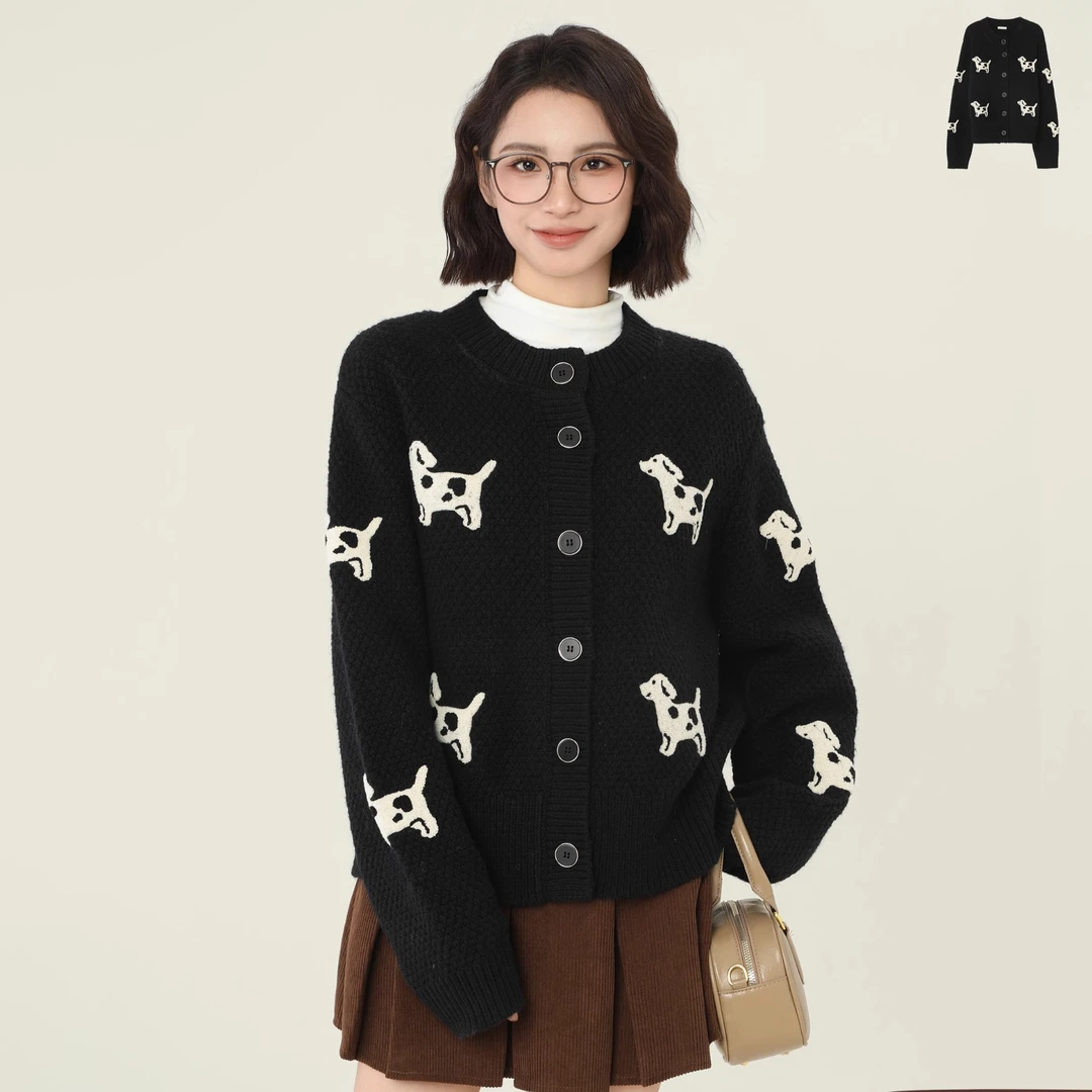 黑色小狗毛衣外套女春秋季加厚短款宽松拉链小个子圆领毛衣秋冬