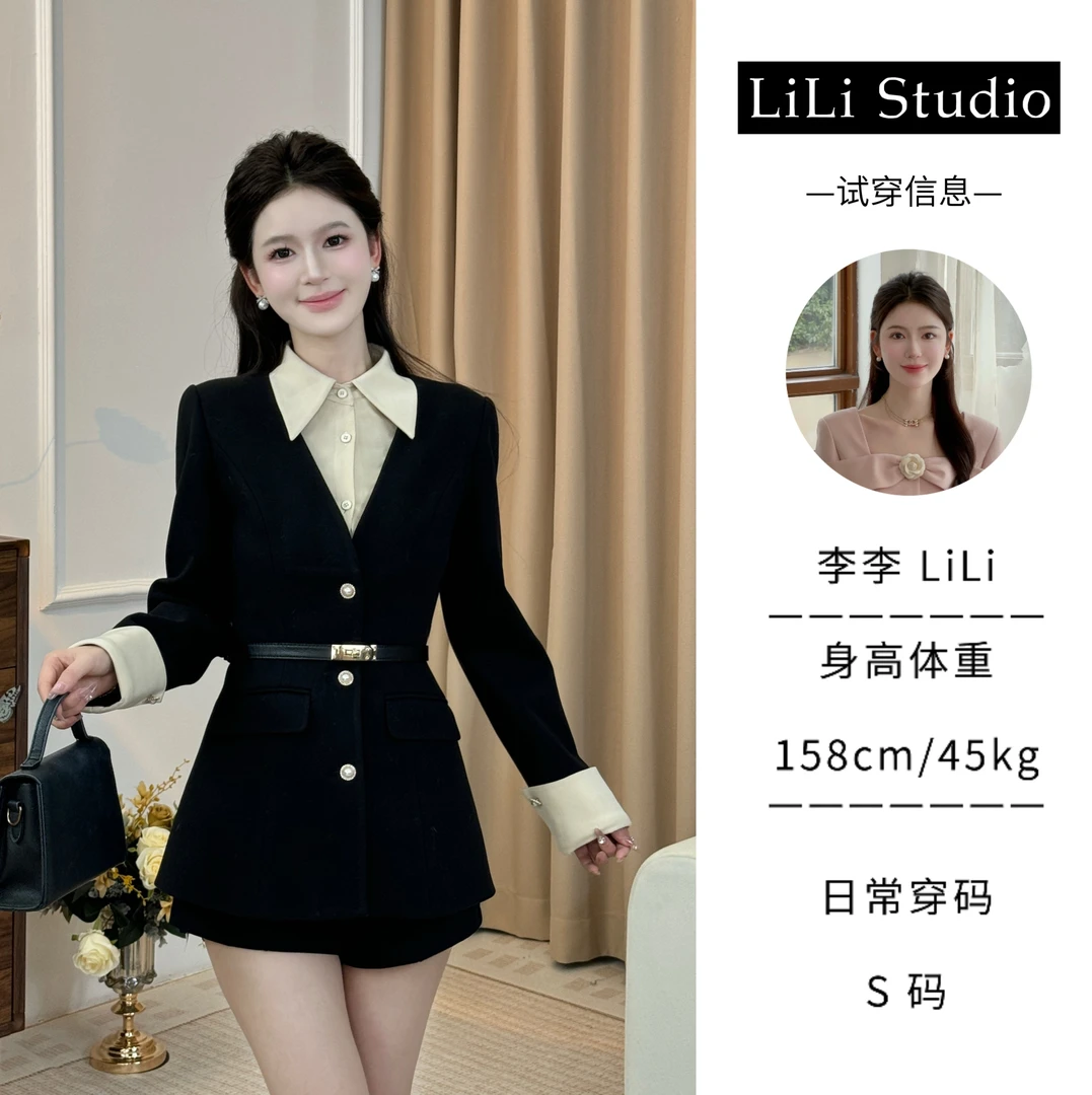 【曼城故事】LiLi气质英伦风假两件毛呢西装外套XMZH4878