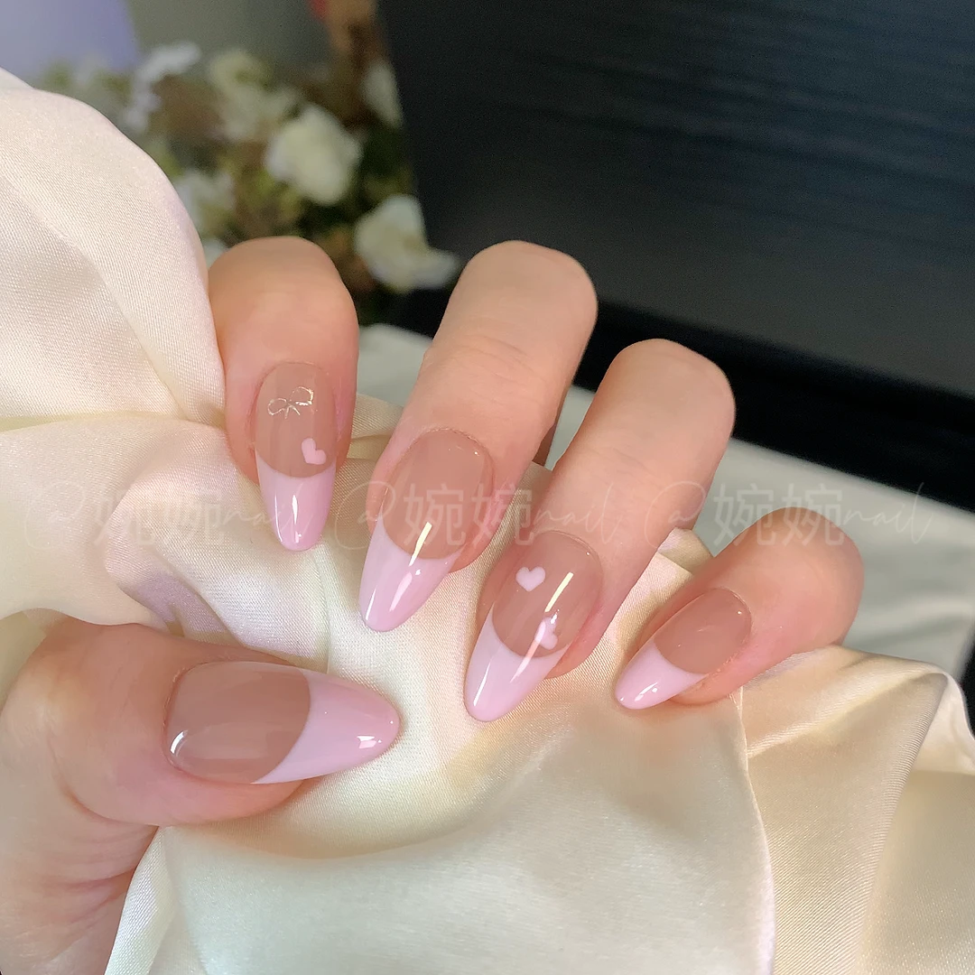 【草莓牛奶】纯手工手绘粉色法式AB款显白纯欲百搭穿戴甲贴片