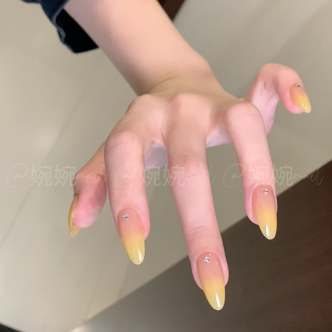 【柠檬黄】纯手工渐变贴钻清新百搭穿戴甲贴片
