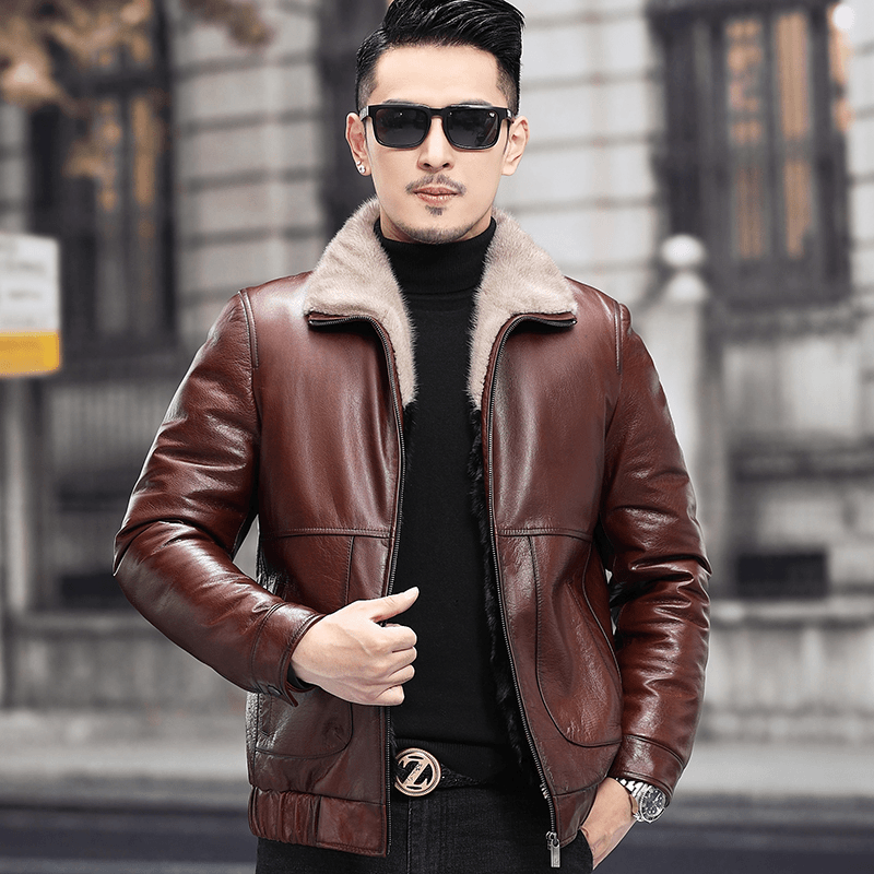 海宁真皮皮衣男士水貂内胆牛皮休闲加绒保暖秋冬短款外套皮毛一体