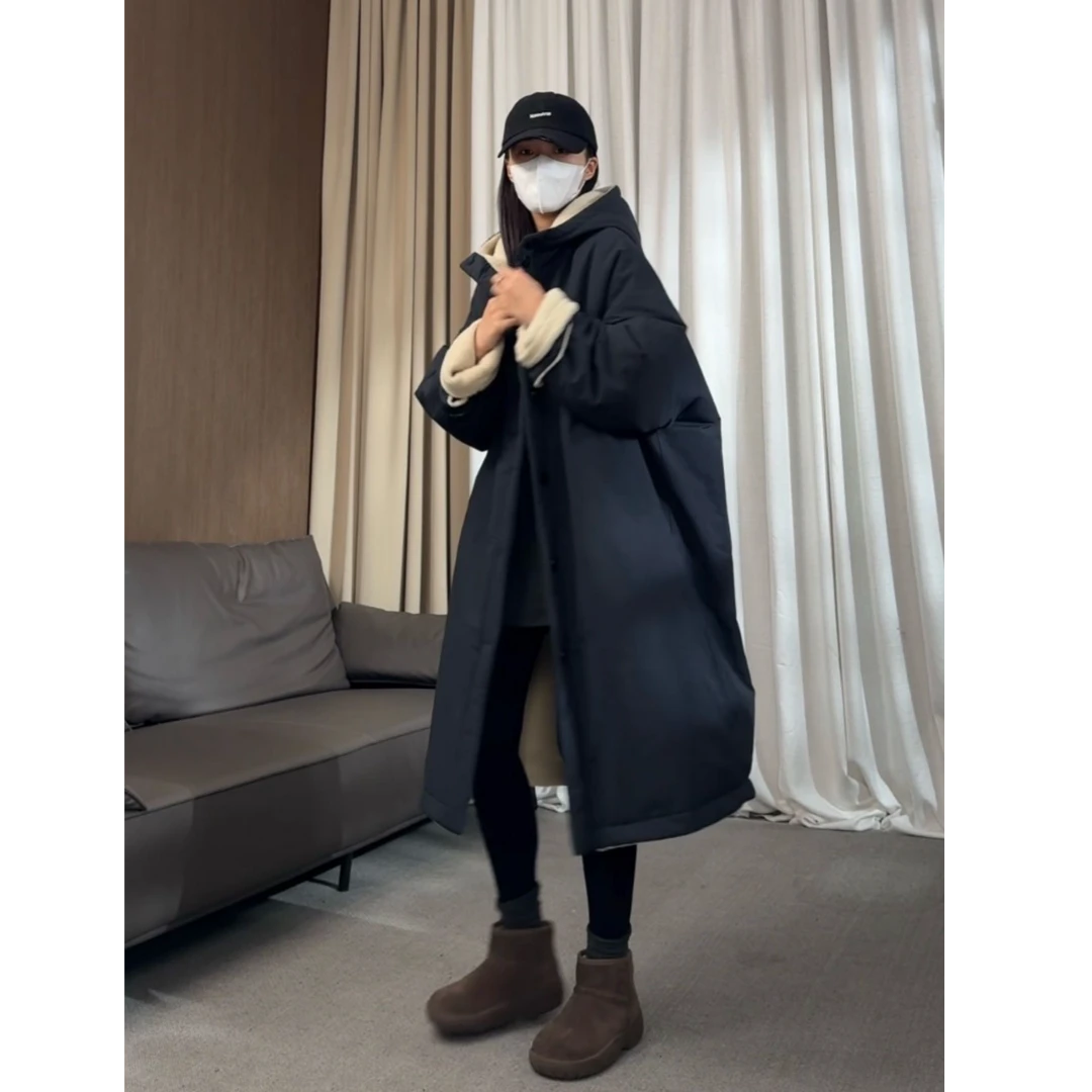 硕哥连帽加棉加厚糕糕毛长款双面穿外套洋气休闲宽松百搭女22419