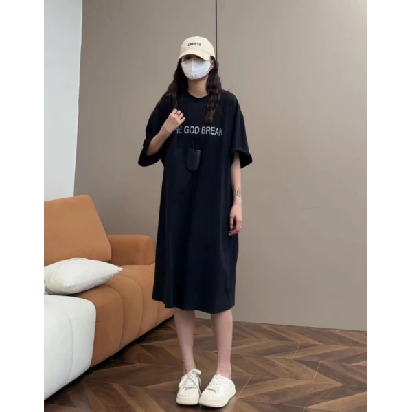 硕哥 短袖懒人裙连衣裙夏季宽松休闲字母T恤裙显瘦中长款 21786