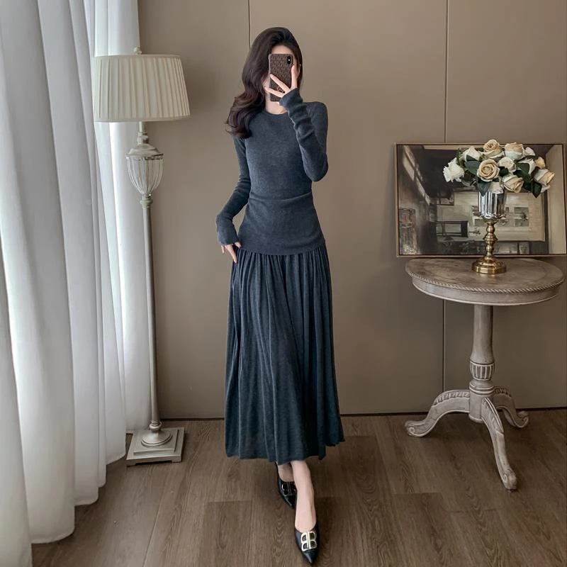 一整套早秋穿搭时尚洋气减龄高级感针织百褶半身裙休闲两件套装女