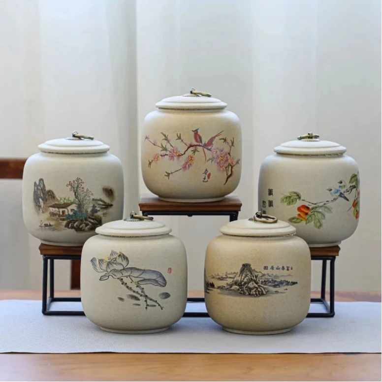 仿古粗陶青瓷茶叶储存罐粗陶带盖防潮密封家用珐琅彩储茶罐子