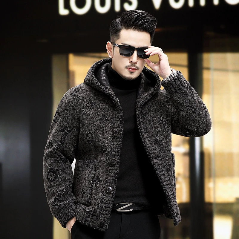 【烧花】双面穿颗粒羊毛男士连帽羊剪绒外套冬季男士外套男装夹克