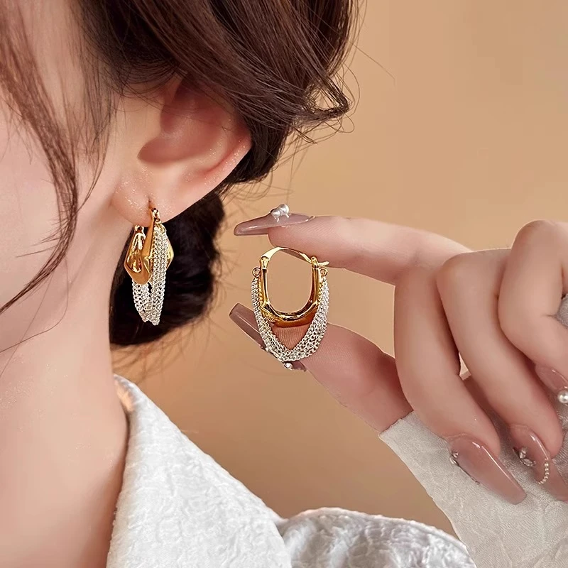 铜合金耳饰 金银撞色链条流苏耳环女气质耳扣小众复古高级感耳饰