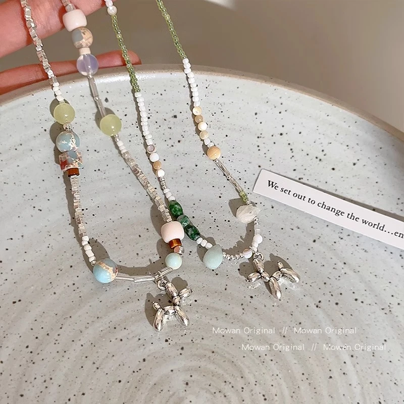 铜合金项链 小狗吊坠碎银串珠项链甜酷小众设计气质锁骨链米珠链