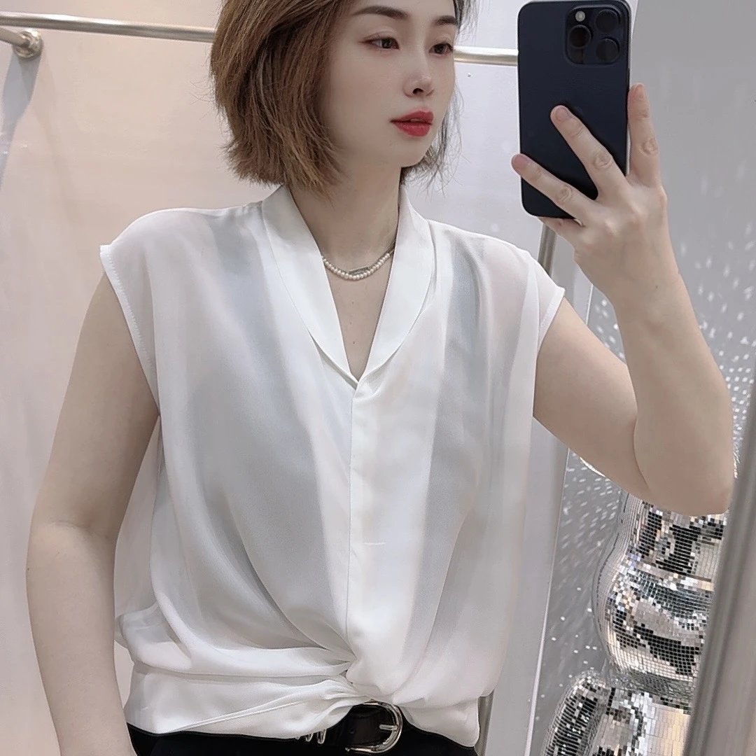 【F家】#852夏季显瘦薄款设计感v领不规则扭花雪纺衫衬衣上衣