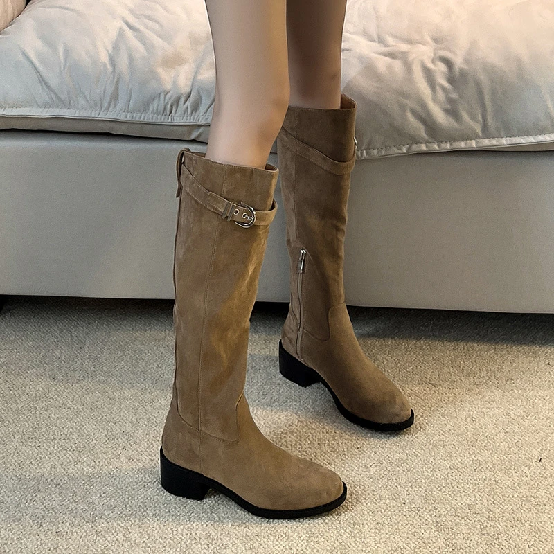 秋冬新款粗跟复古绒面美拉德高筒靴百搭显瘦骑士靴不过膝长靴女