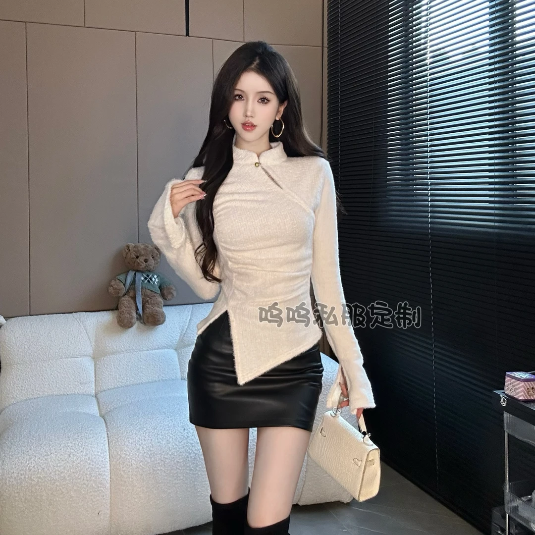 呜呜定制 新款新中式立领镂空软糯设计感开叉修身上衣 6160