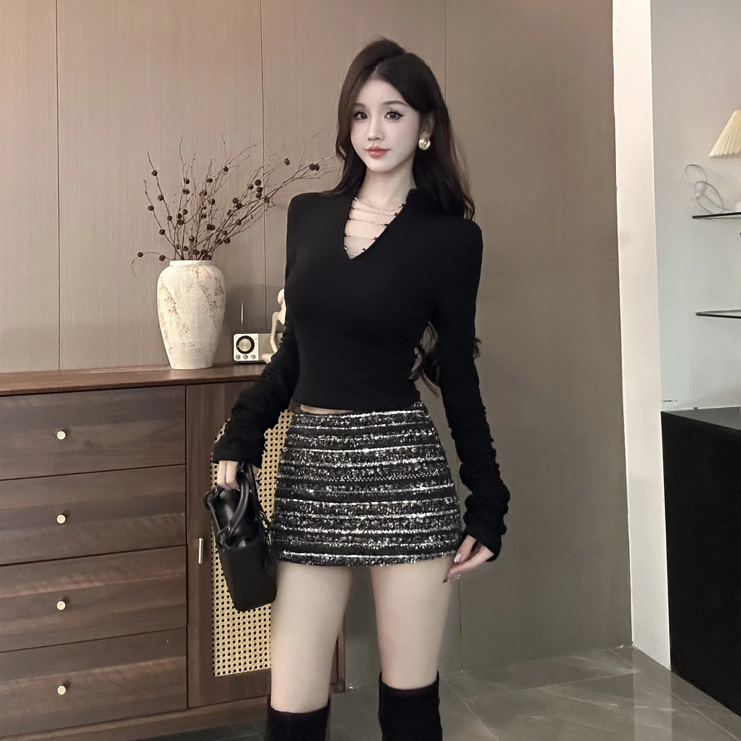 呜呜定制 秋季V领链条可拆卸修身显瘦长袖上衣 6557