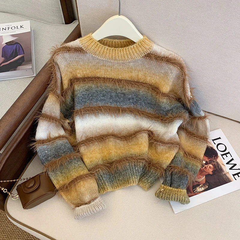 2024彩虹条纹水貂绒毛衣外贸秋冬新款宽松圆领套头流苏针织衫女