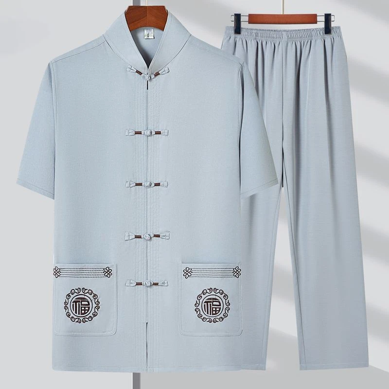 唐装男夏季爸爸短袖衬衫老年人衣服爷爷夏天衬衣中老年宽松套装男