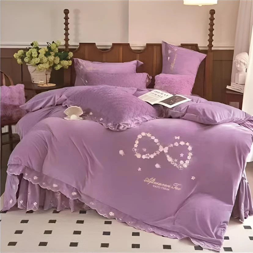 【刺绣床盖款四件套】轻奢加厚卧室室内婴儿绒三层夹棉绗缝