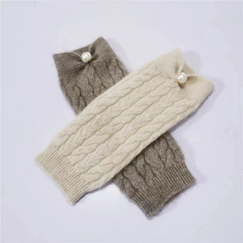 秋冬山羊绒手套女珍珠扣绞花手套秋冬针织护腕手袖无指半指手套