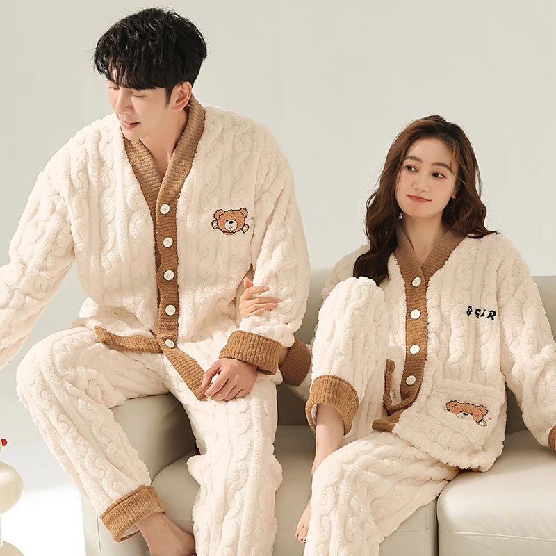 法兰绒睡衣女士冬季新款时尚加厚珊瑚绒加绒开衫可外穿男款家居服