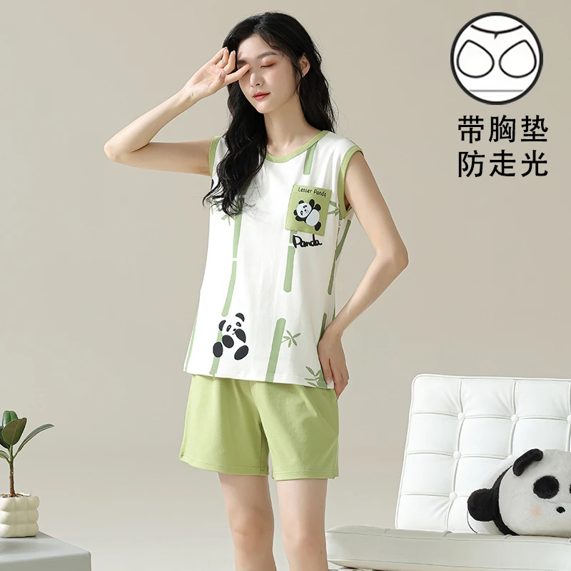 2024新款带胸垫睡衣女夏薄款宽松条纹简约家居服甜美大码休闲可爱