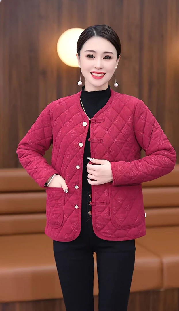秋冬新款厂家直销压花妈妈装小棉袄保暖棉袄大码小香风中老年加绒
