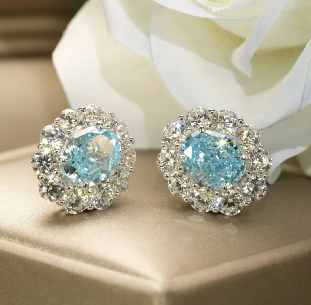 非金属合成锆石耳饰 925银合成锆石蓝海色耳钉E180