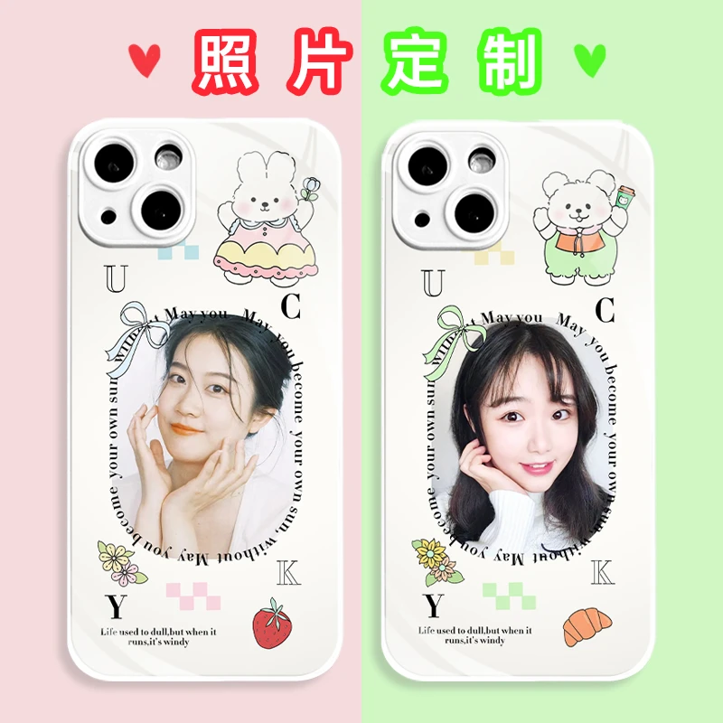兔子小熊照片定制玻璃手机壳可爱苹果OPPO华为VIVO自拍订制保护套
