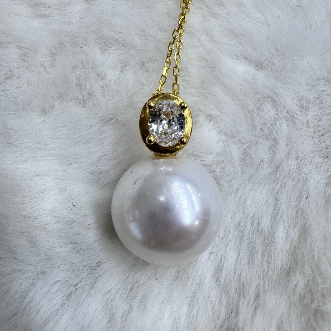 天然淡水珍珠吊坠12-13mm正圆冷白强光18K金镶嵌