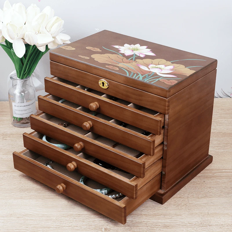 首饰盒/箱 高档彩绘首饰收纳盒中式复古实木珠宝首饰盒带锁大容量