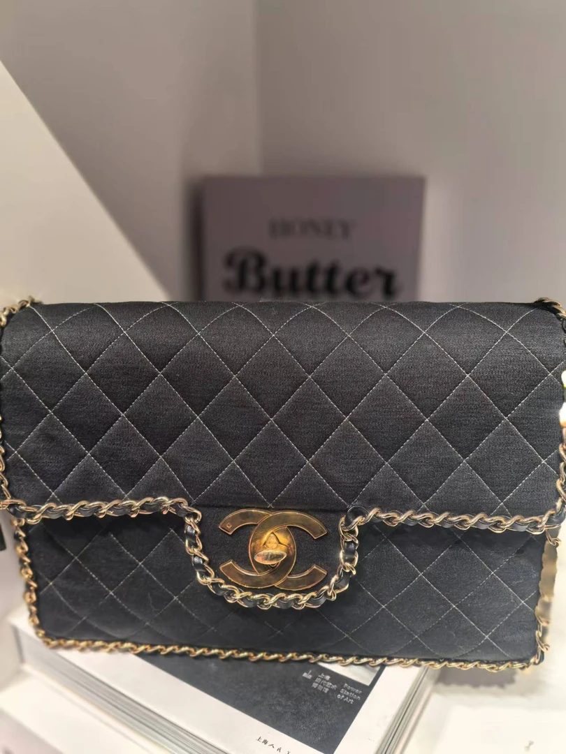 95新 Chanel/香奈儿 HIHI/黑金滚边皮穿链中古贝嫂双肩包 3开