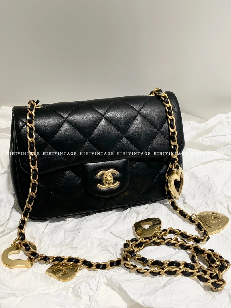99新 Chanel/香奈儿 HIHI/黑金CF大mini爱心链条单肩包